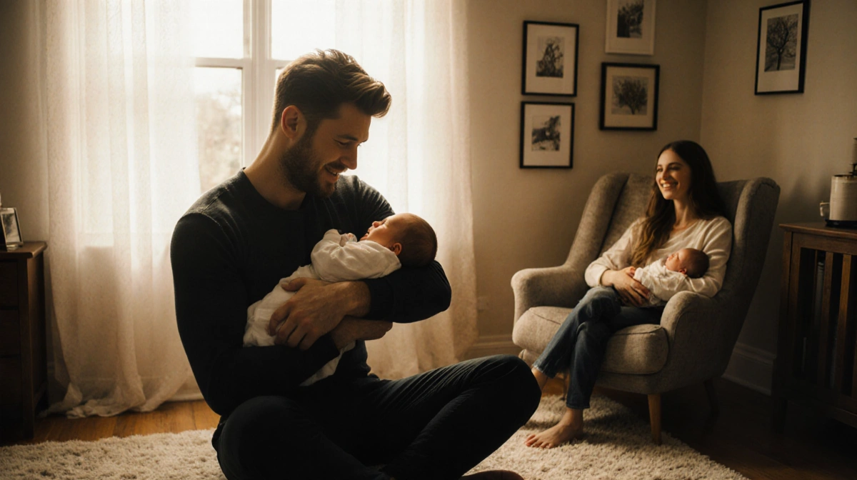 Ansel Elgort holding newborn baby with soft window light and partner smiling beside nursing chair