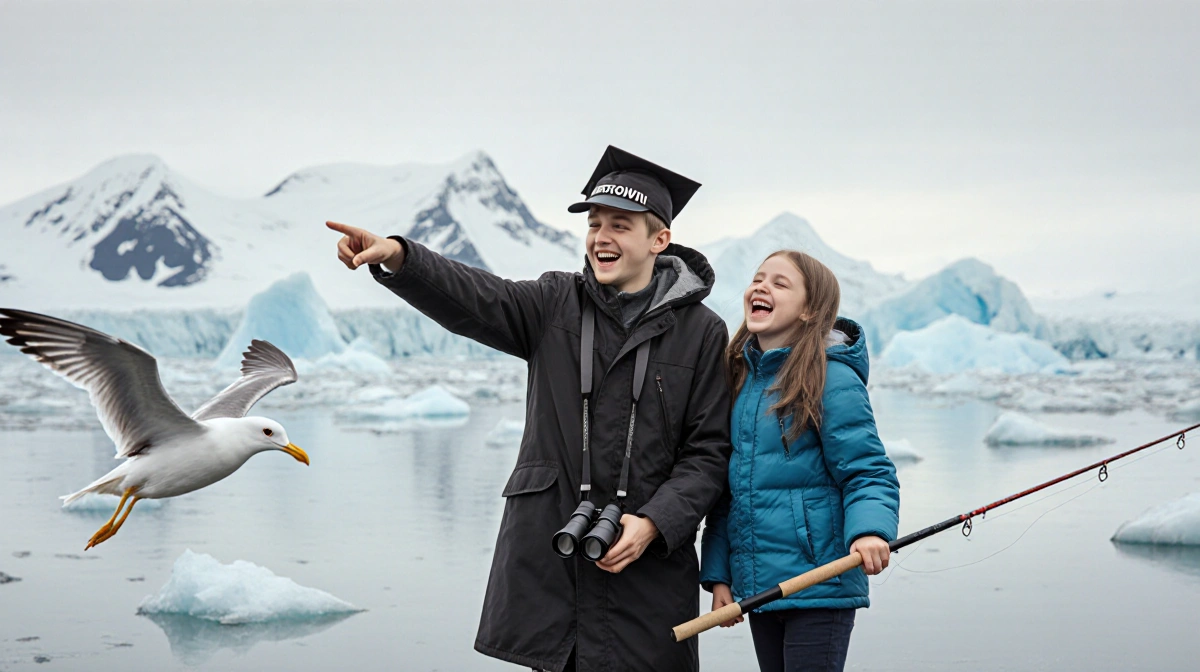 Two siblings play on Antarctic shore with graduate pointing at seagull while sister holds fishing rod near mountains