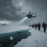 Rescue teams wade through Antarctic snow with headlamps illuminating diver