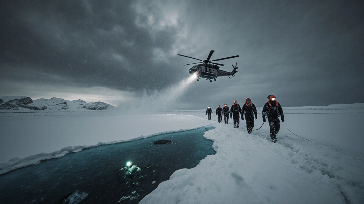 Rescue teams wade through Antarctic snow with headlamps illuminating diver