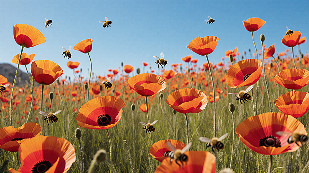 Poppies sway gently in breeze with bees gathering nectar under bright blue California sky.