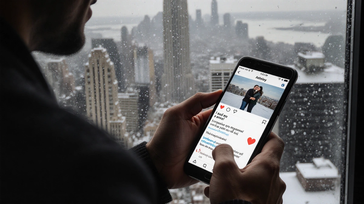 Man holding phone showing engagement announcement with snowy New York skyline through window behind