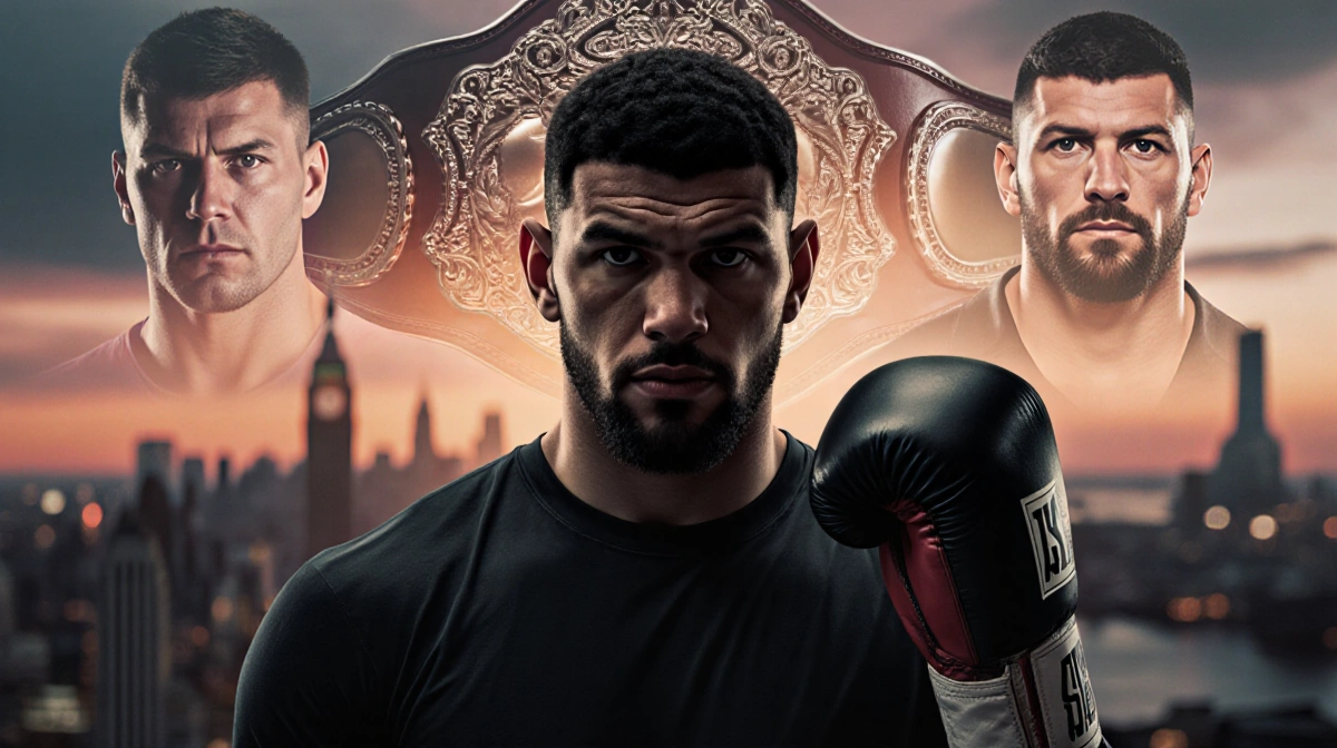 Anthony Joshua stands with a boxing glove and Usyk's face and belt outline above him against a dusk cityscape.