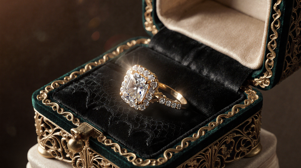 Antique jewelry box resting on velvet pedestal with filigree and engagement ring showing a 4.20-carat diamond cluster