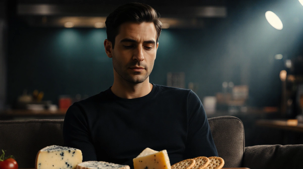 Antoni Porowski sits calmly with artisanal cheese and crackers while blurred TV studio equipment shows behind him