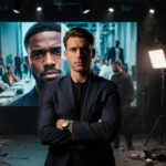 Antoni Porowski stands with crossed arms facing a split-screen TV showing Karamo Brown and backstage chaos with crew and came