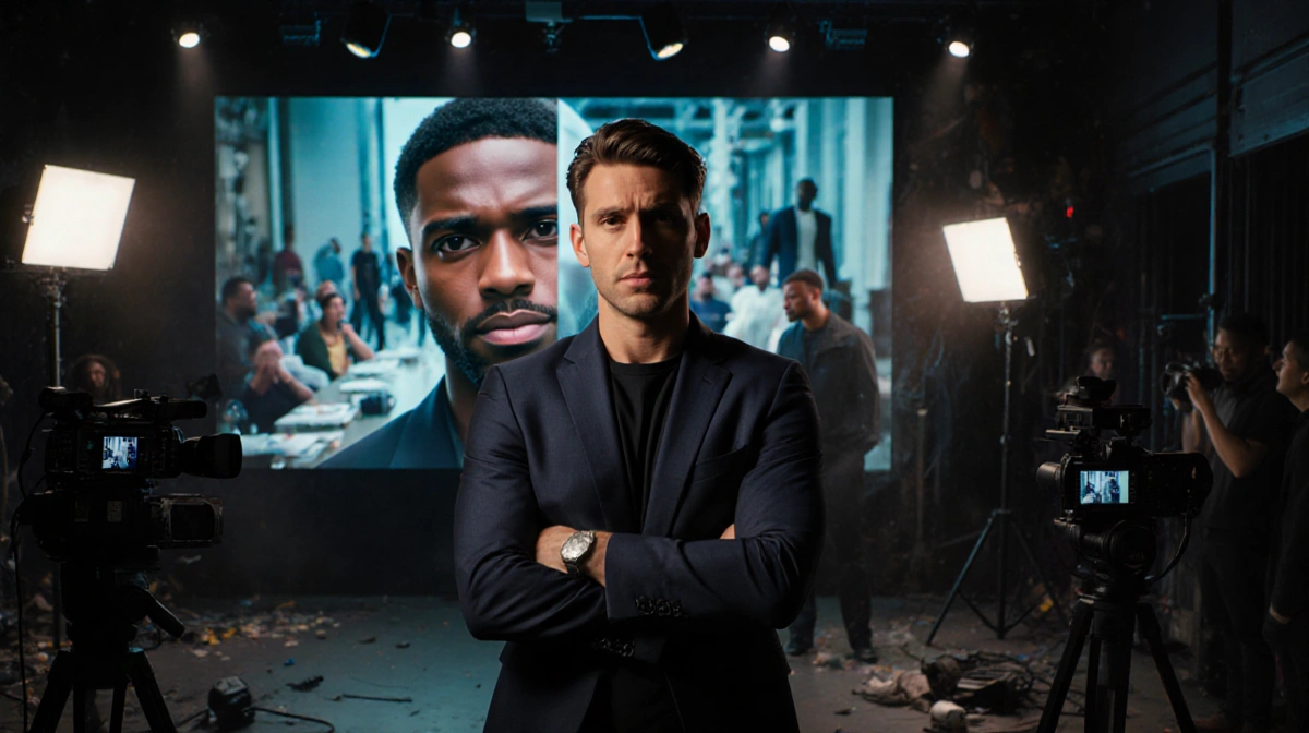 Antoni Porowski stands with crossed arms facing a split-screen TV showing Karamo Brown and backstage chaos with crew and came