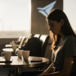 Young woman sits alone at café table with empty coffee cups and laptop while passport rests on floor near airport window