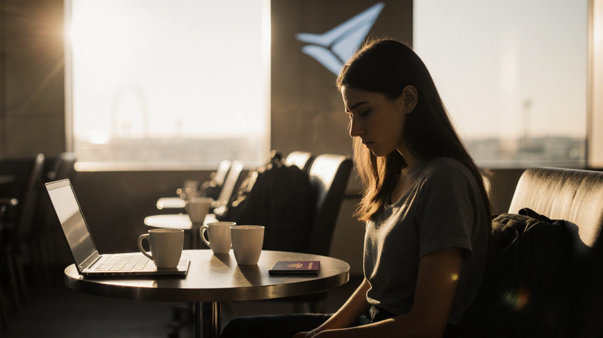Young woman sits alone at café table with empty coffee cups and laptop while passport rests on floor near airport window