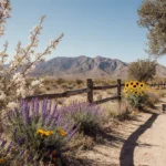 Desert wildflowers bloom beside almond blossoms near a wooden fence with dappled sunlight