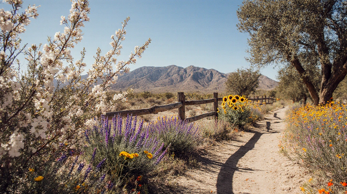 Desert wildflowers bloom beside almond blossoms near a wooden fence with dappled sunlight