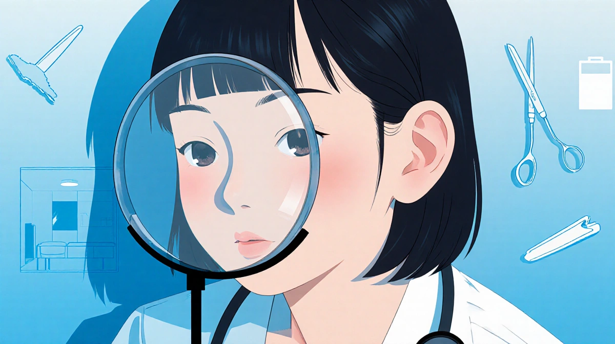 Aoi Fujino sits with stethoscope and magnifying glass showing cancer diagnosis with soft blue gradient and medical tools