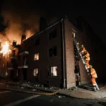 Firefighters rescue victims from burning apartment building with ladder and orange gear illuminated by flashlights