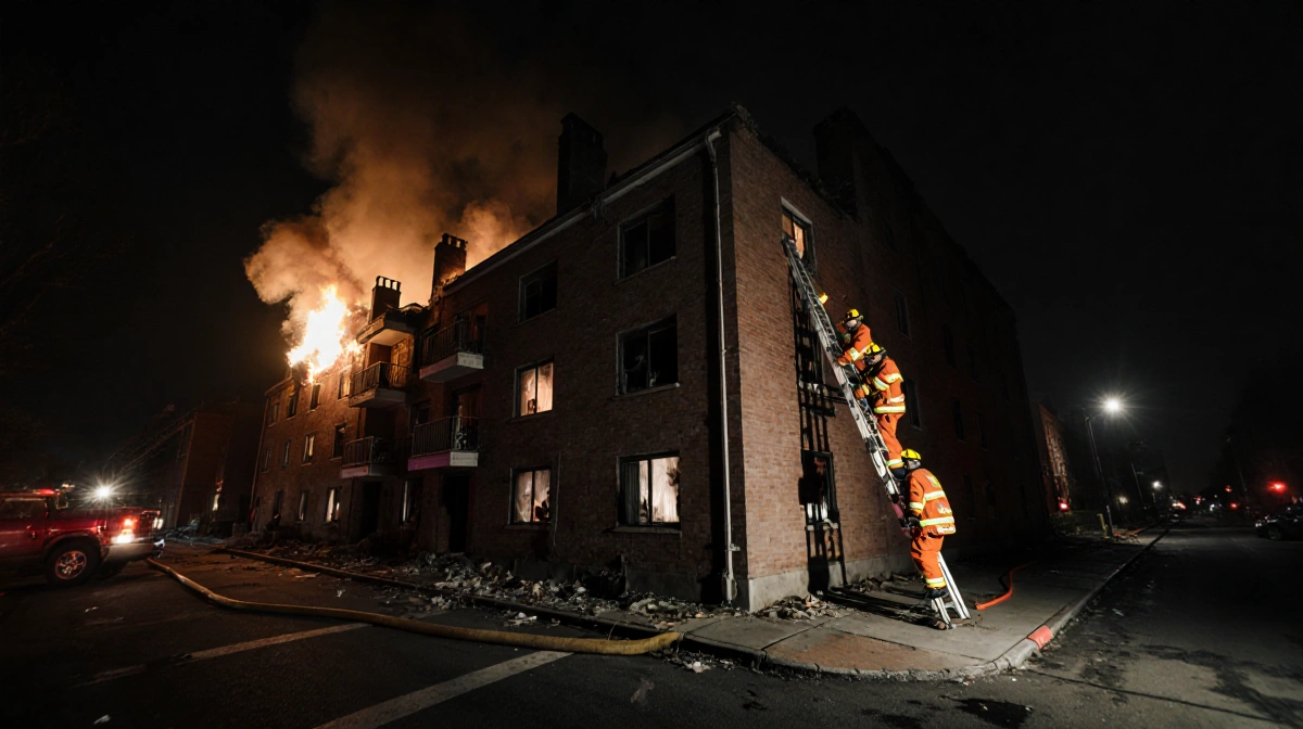 Firefighters rescue victims from burning apartment building with ladder and orange gear illuminated by flashlights