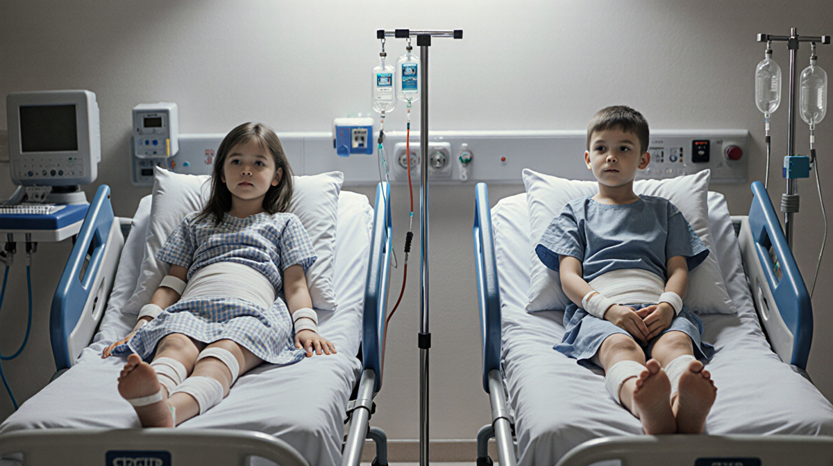Two nine-year-old patients sit upright on gurneys with bandaged injuries and medical equipment in a muted hospital room.
