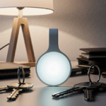 Apple AirTag glows softly on cluttered desk with keys wallets and other personal items highlighting tracking convenience