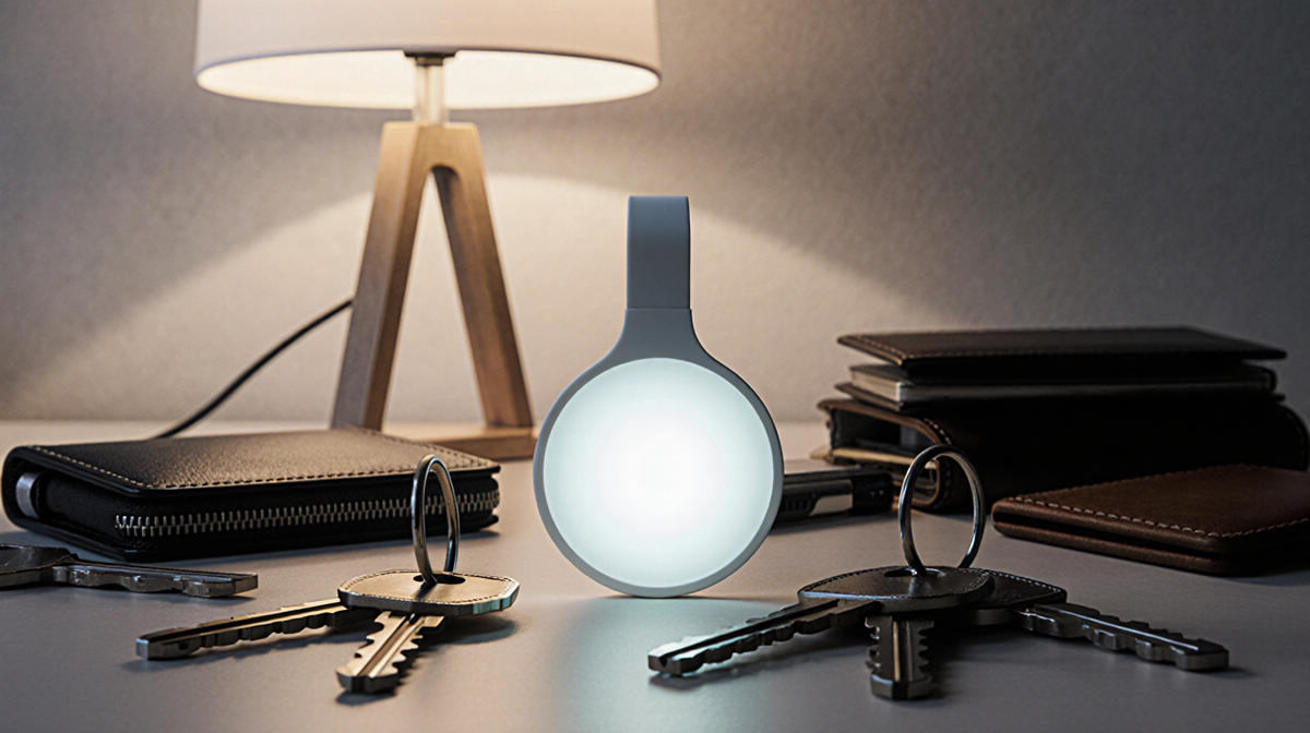 Apple AirTag glows softly on cluttered desk with keys wallets and other personal items highlighting tracking convenience
