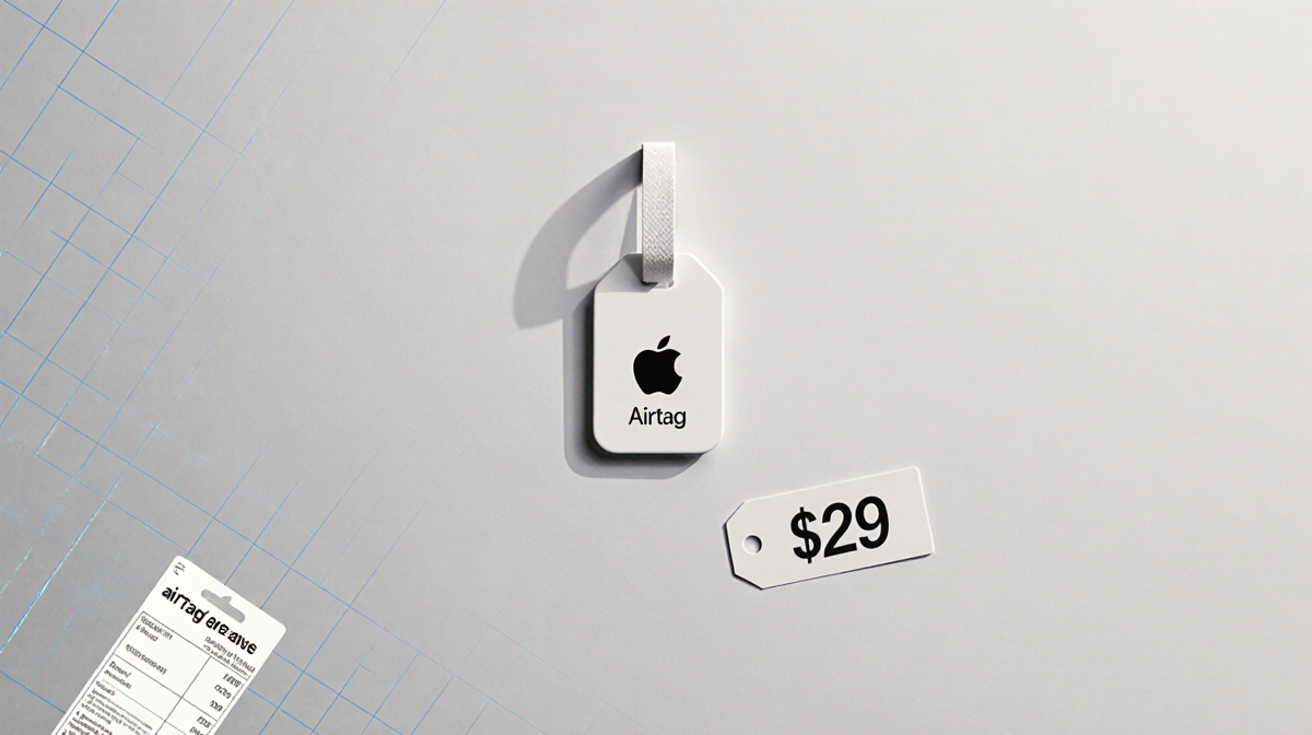 Apple AirTag resting centered with $29 price tag beside it on white background