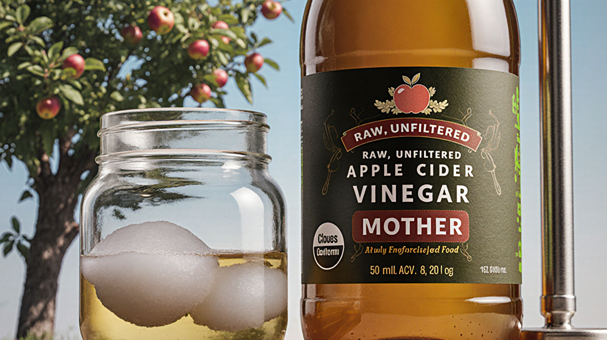 Glass bottle displaying raw ACV label sits beside jar of cloudy ACV with white mother and blurred apple tree behind