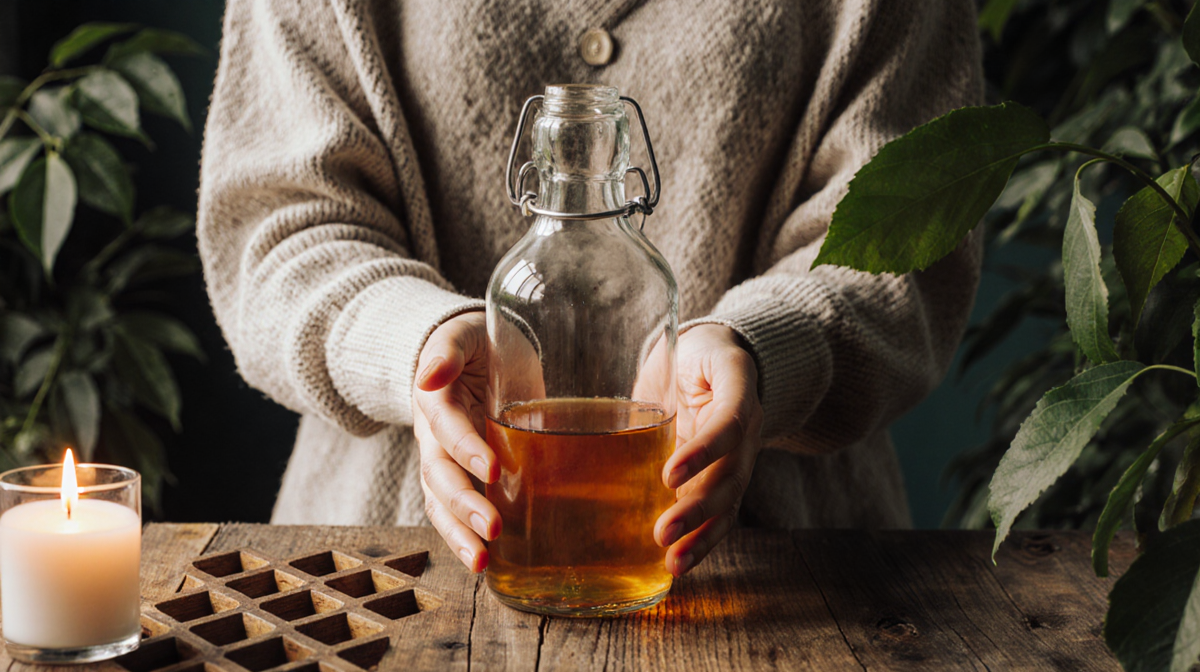Person holding apple cider vinegar bottle with candle light and green leaves around a rustic wooden table.