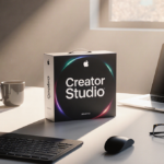 Apple Creator Studio package sits centered on minimalist desk with MacBooks and creative tools around it