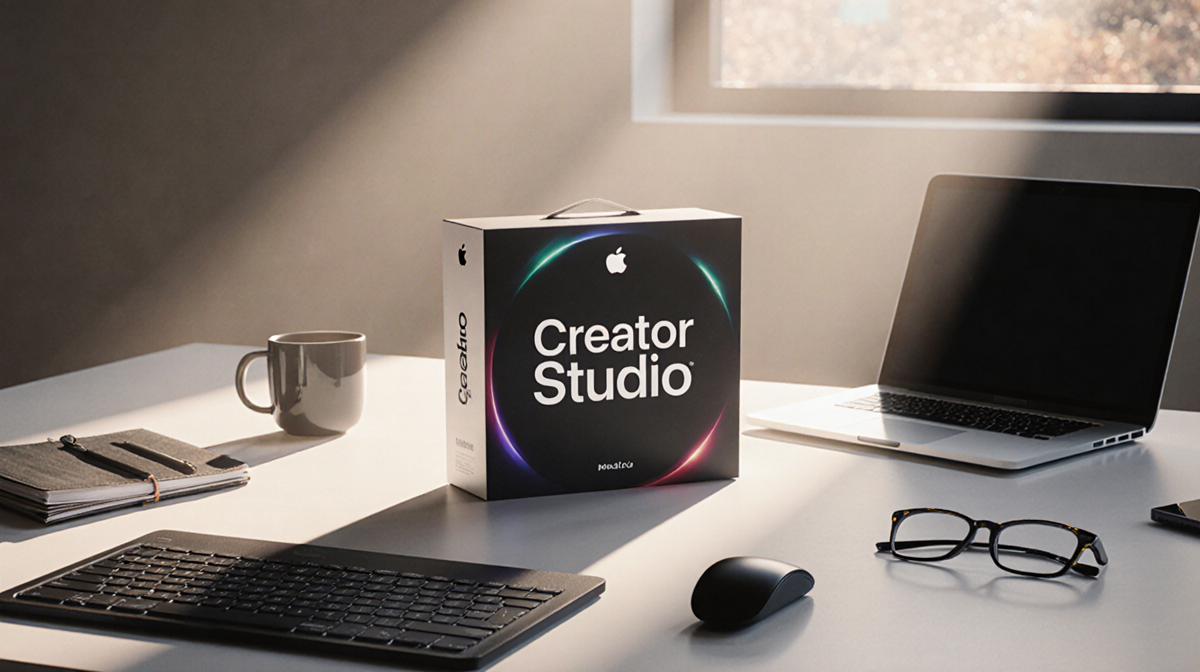 Apple Creator Studio package sits centered on minimalist desk with MacBooks and creative tools around it
