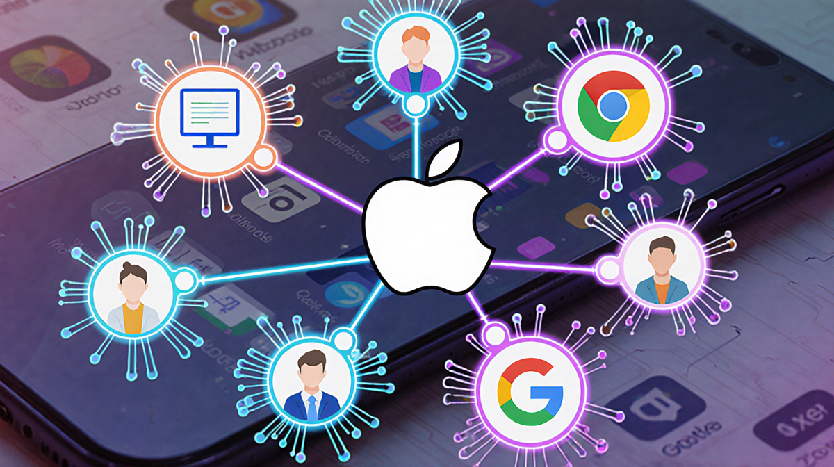 Neural network diagram with nodes and circuitry highlights Apple and Google AI collaboration against blurred outlines
