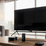 Apple TV 4K remote controls light up a minimalist living room with soft natural light and tech accessories.