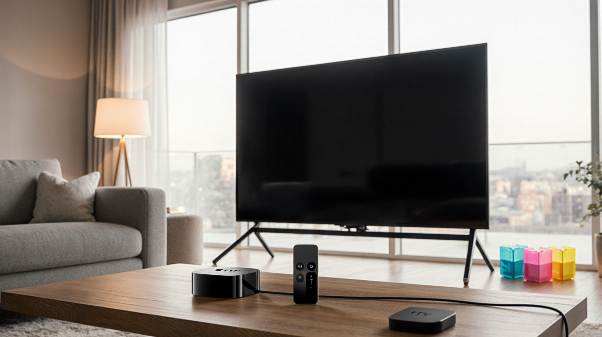 Apple TV 4K remote controls light up a minimalist living room with soft natural light and tech accessories.