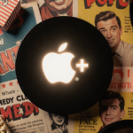Apple TV+ logo glowing with nostalgic film reels and retro popcorn boxes surrounding it