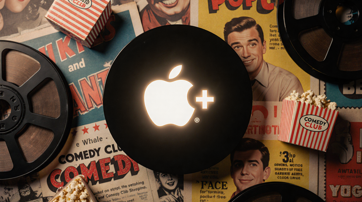Apple TV+ logo glowing with nostalgic film reels and retro popcorn boxes surrounding it