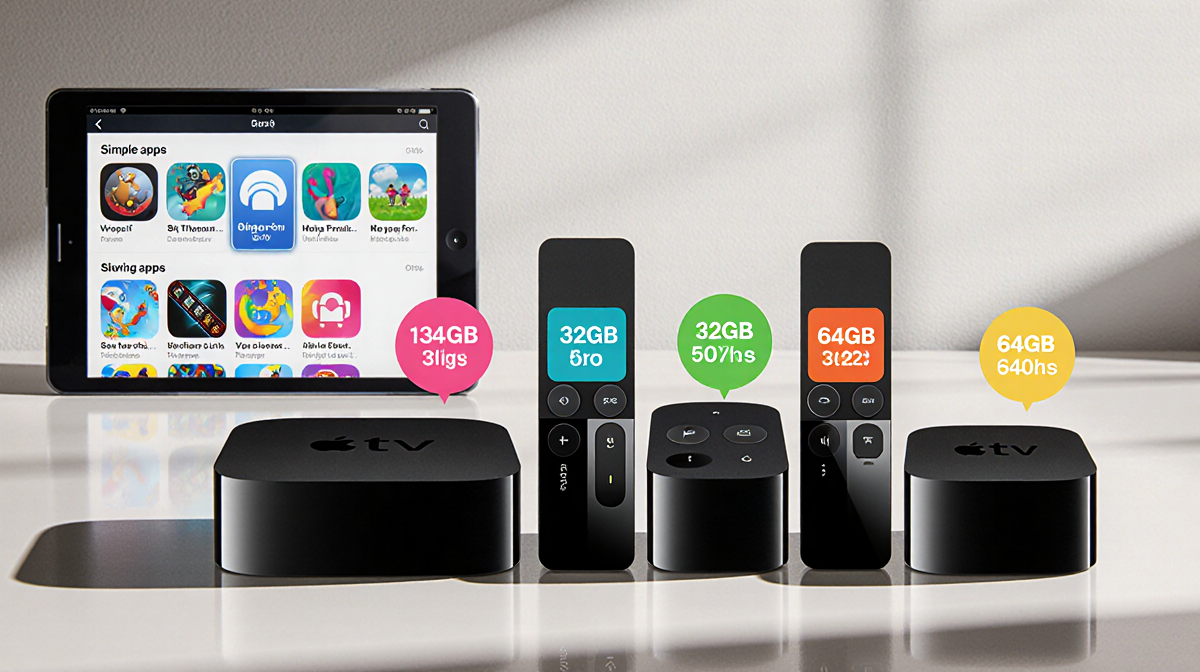 Apple TVs lined up on table with colorful storage labels and a smartphone showing compatible apps