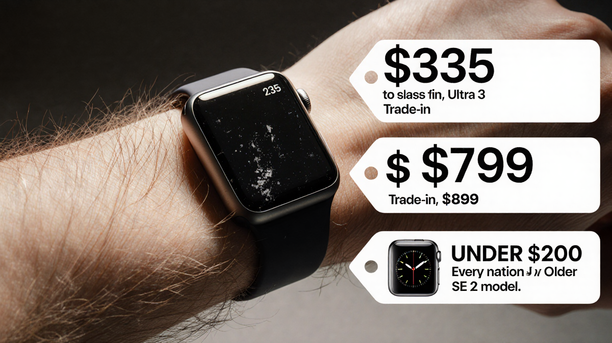 Apple Watch on wrist showing price tags with scratches and trade-in discount