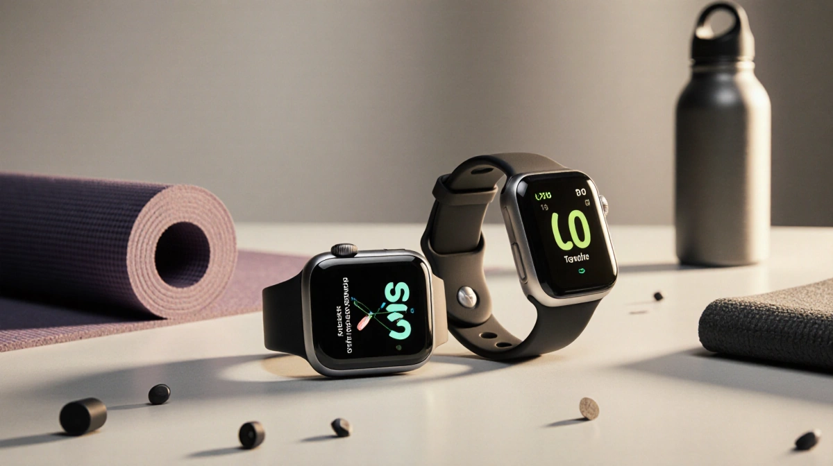 Apple Watch Series 11 and SE 3 Ultra 3 sit side by side on desk with warm lighting and yoga mat nearby fitness accessories