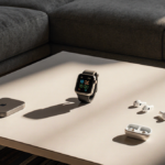 Apple Watch SE 3 is displayed on coffee table with warm lighting and Apple accessories nearby in a modern living room