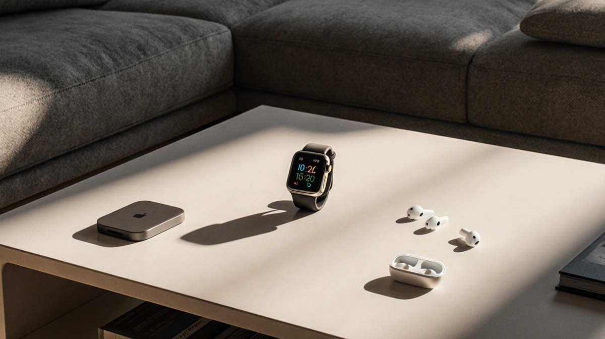 Apple Watch SE 3 is displayed on coffee table with warm lighting and Apple accessories nearby in a modern living room