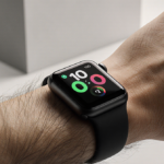 Person smiles with Apple Watch Series 10 glowing on wrist against a blurred minimalist background