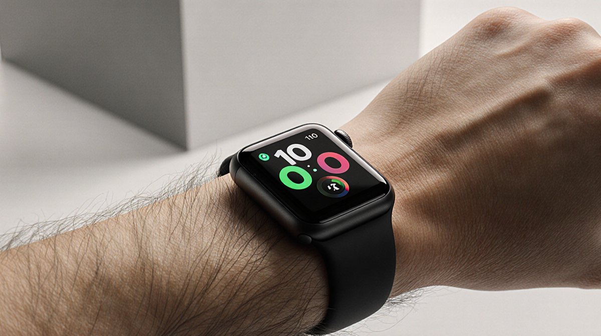 Person smiles with Apple Watch Series 10 glowing on wrist against a blurred minimalist background