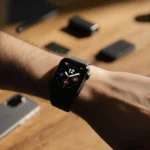 Person wearing Apple Watch Series 11 at desk with wooden surface and tech accessories nearby