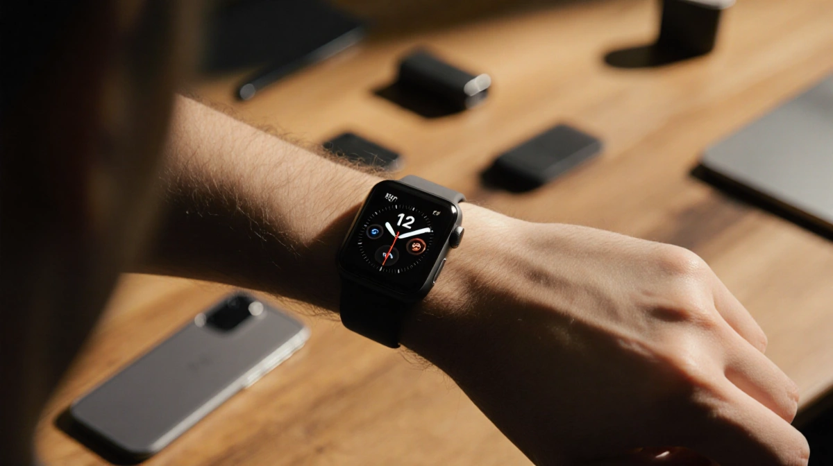Person wearing Apple Watch Series 11 at desk with wooden surface and tech accessories nearby