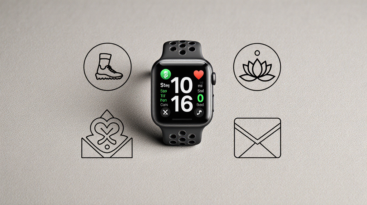 Apple Watch displays heart rate steps and sleep data on a minimalist desk with running shoe lotus and envelope icons.