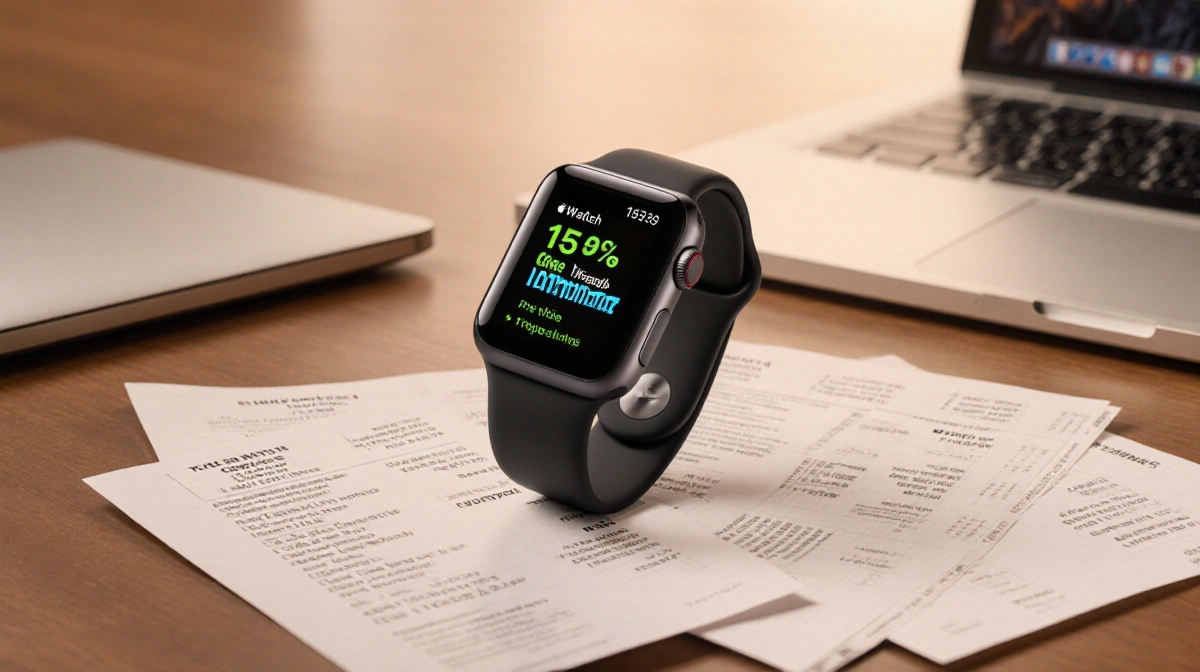 Apple Watch Series 11 rests on desk with trade-in paperwork showing savings and laptop in background