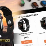 Smartphone shows Apple Watch Ultra sale prices with up to 50% off savings and refurbished deals at sunset
