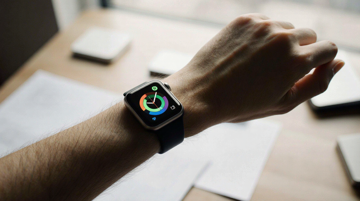 Wrist wearing an Apple Watch illuminated by soft natural light with a blurred neutral desk and scattered documents nearby.