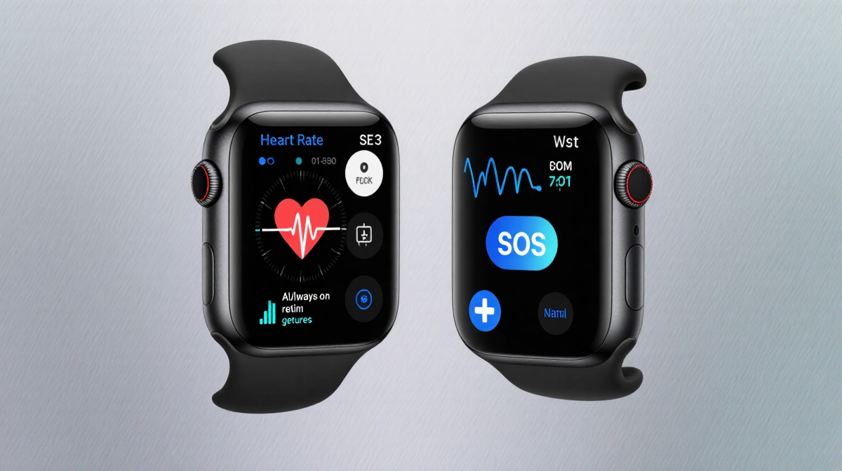Apple Watches display heart-rate graphs and emergency SOS button with muted blue accents on gradient background