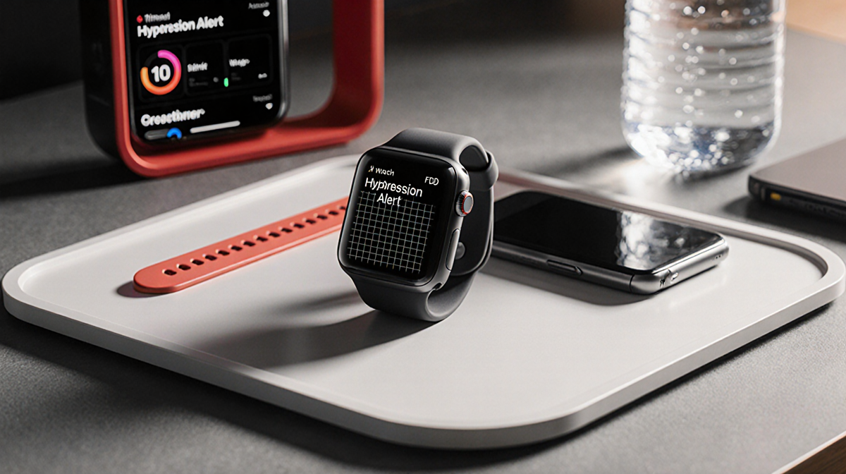 Apple Watch Series 11 shows hypertension alert with scratch-resistant screen texture and red accent on sleek desk