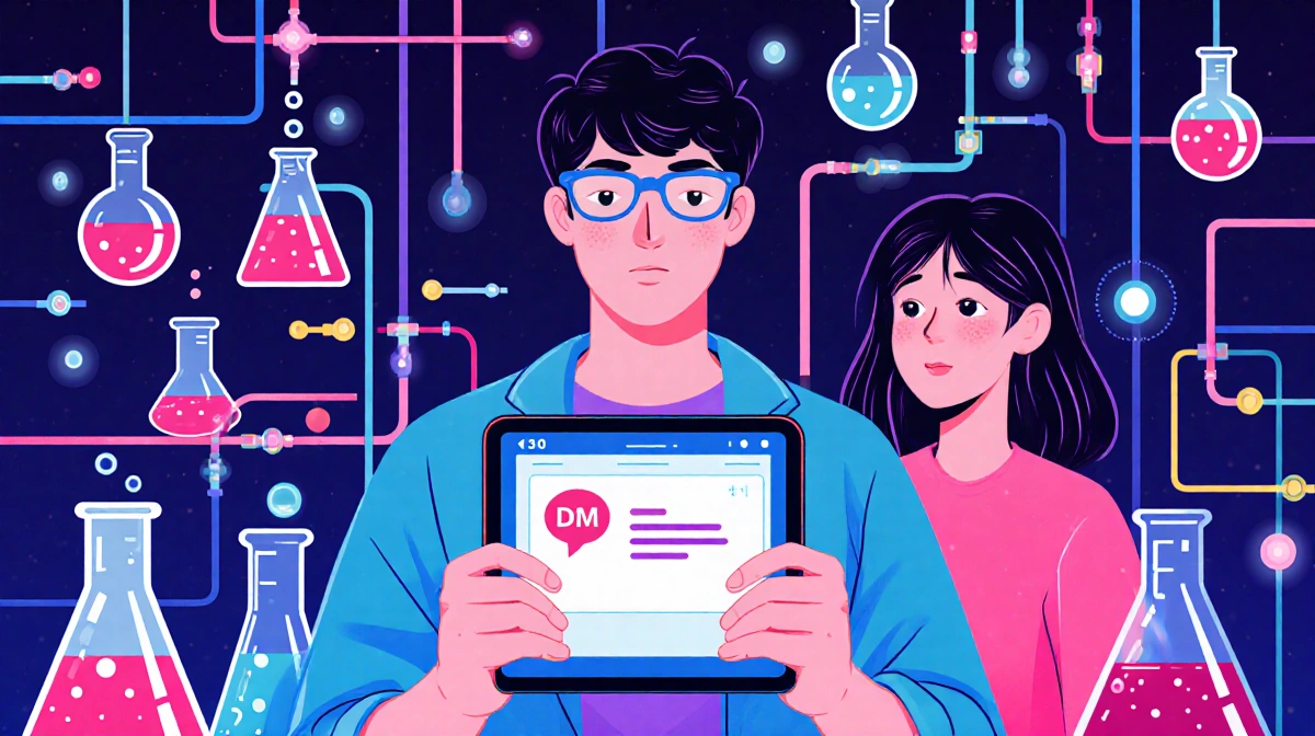 Young lab worker checking tablet with DM message while friend watches beside glowing beakers and neon test tubes