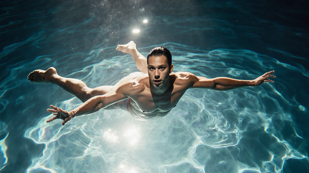 Aquatic Cirque du Soleil performer gliding above glowing water with outstretched arms and rippling reflections