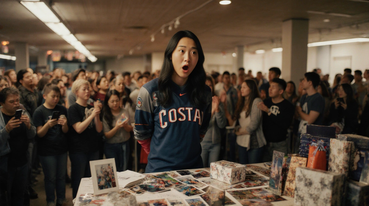 Arden Cho reacting surprised in front of a wall covered with fan gifts and autographs with a blurred line of fans behind her.