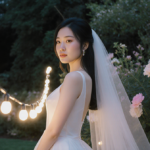Arden Cho standing in a moonlit garden with fairy lights illuminating her white wedding gown